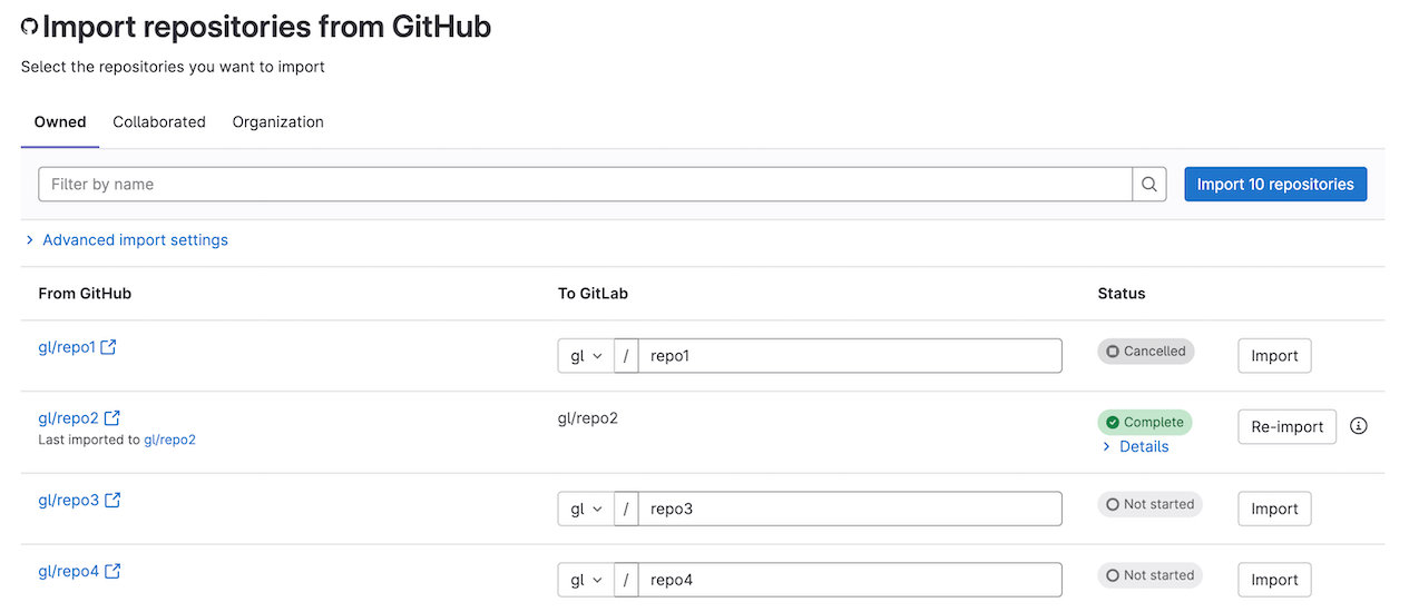 The GitHub importer page, which lists repositories to be imported into GitLab.