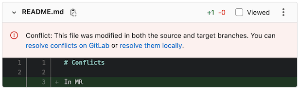 A conflict alert in a merge request diff.