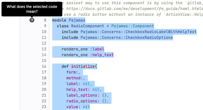 Icon to explain the selected code snippet using GitLab Duo in a merge request.